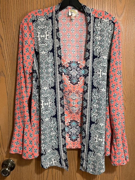 fig and flower Tops - Unique Orange Paisley Top with Navy Printed Faux Cardigan
